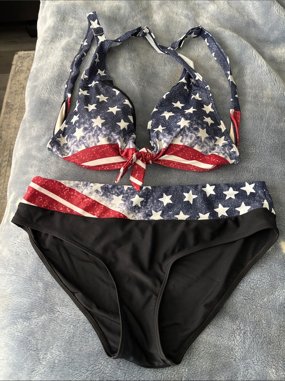 Star-Print Tie-Front Bikini Top with Black Bottoms - Red, White & Blue